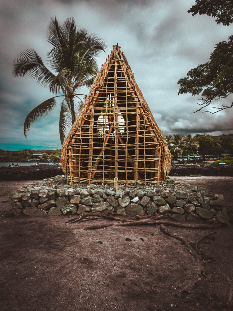 Puʻuhonua o Hōnaunau National Historical Park, Hōnaunau, Hawai'i (photo August 21, 2021): modern scaled replica of typical Hawaiian heiau.