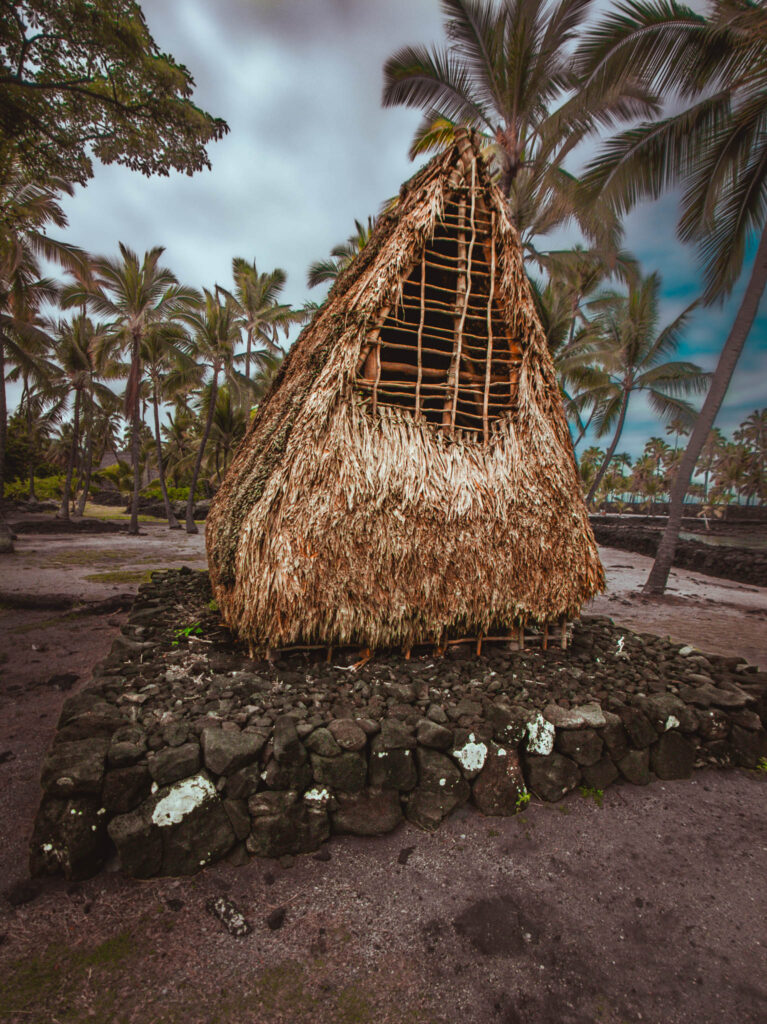Puʻuhonua o Hōnaunau National Historical Park, Hōnaunau, Hawai'i (photo August 21, 2021): modern scaled replica of typical Hawaiian heiau.
