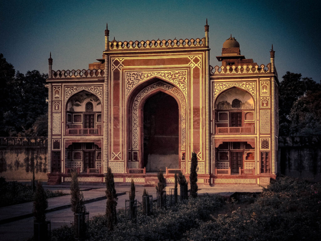 Itimad ud-Daulah Tomb, Agra, India, b. 1628 (photo October 25, 2019) ornamental north "false" gateway.