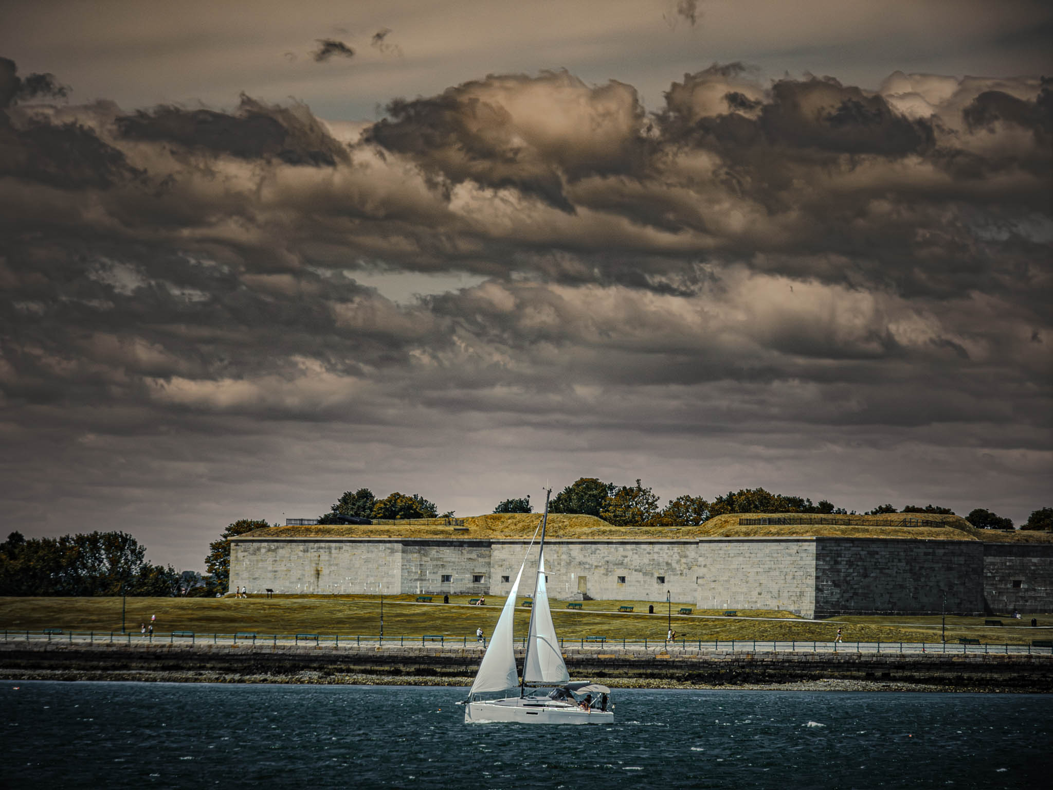 Boston Harbor (photo June 19, 2026) Fort Independence b. 1851, Castle Island, viewed from Lower Middle Harbor.
