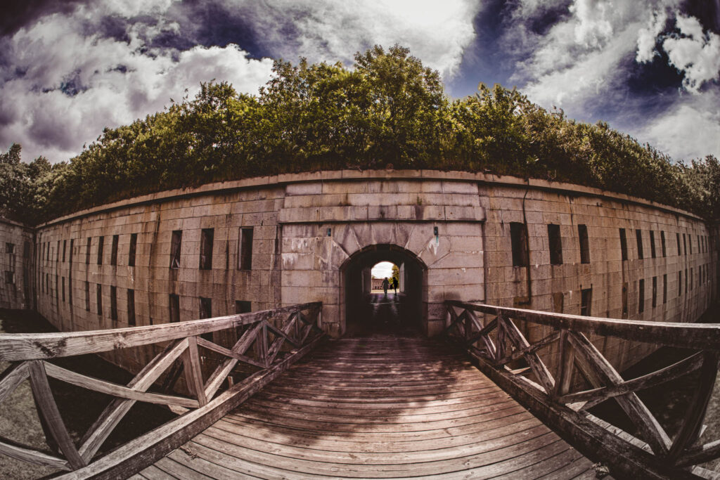 Fort Warren, Georges Island (photo June 19, 2026) bridge over dry ditch to Sallyport and Front III exterior wall (both 1861).