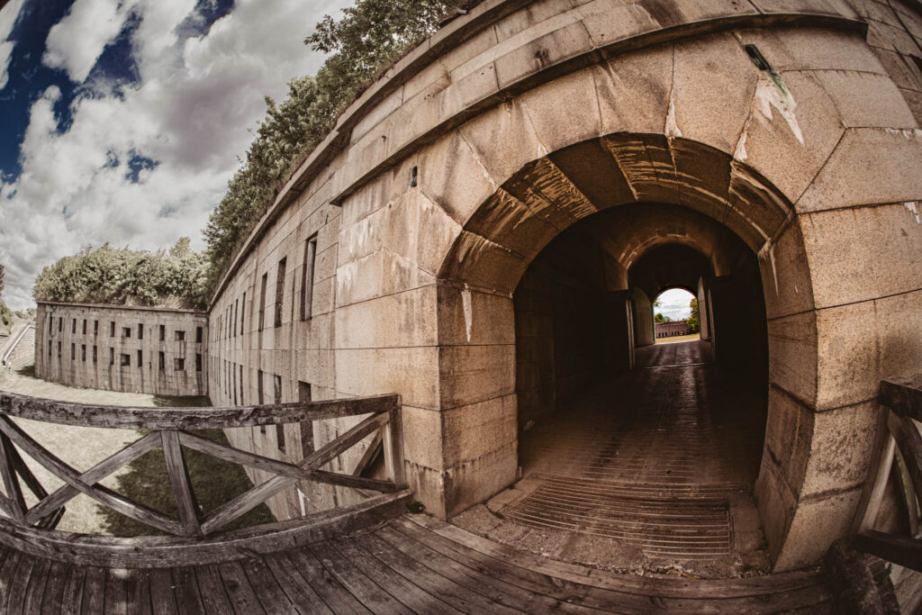 Fort Warren, Georges Island (photo June 19, 2026) Sallyport (1861), with view of dry ditch, Front III exterior wall, and Bastion C.