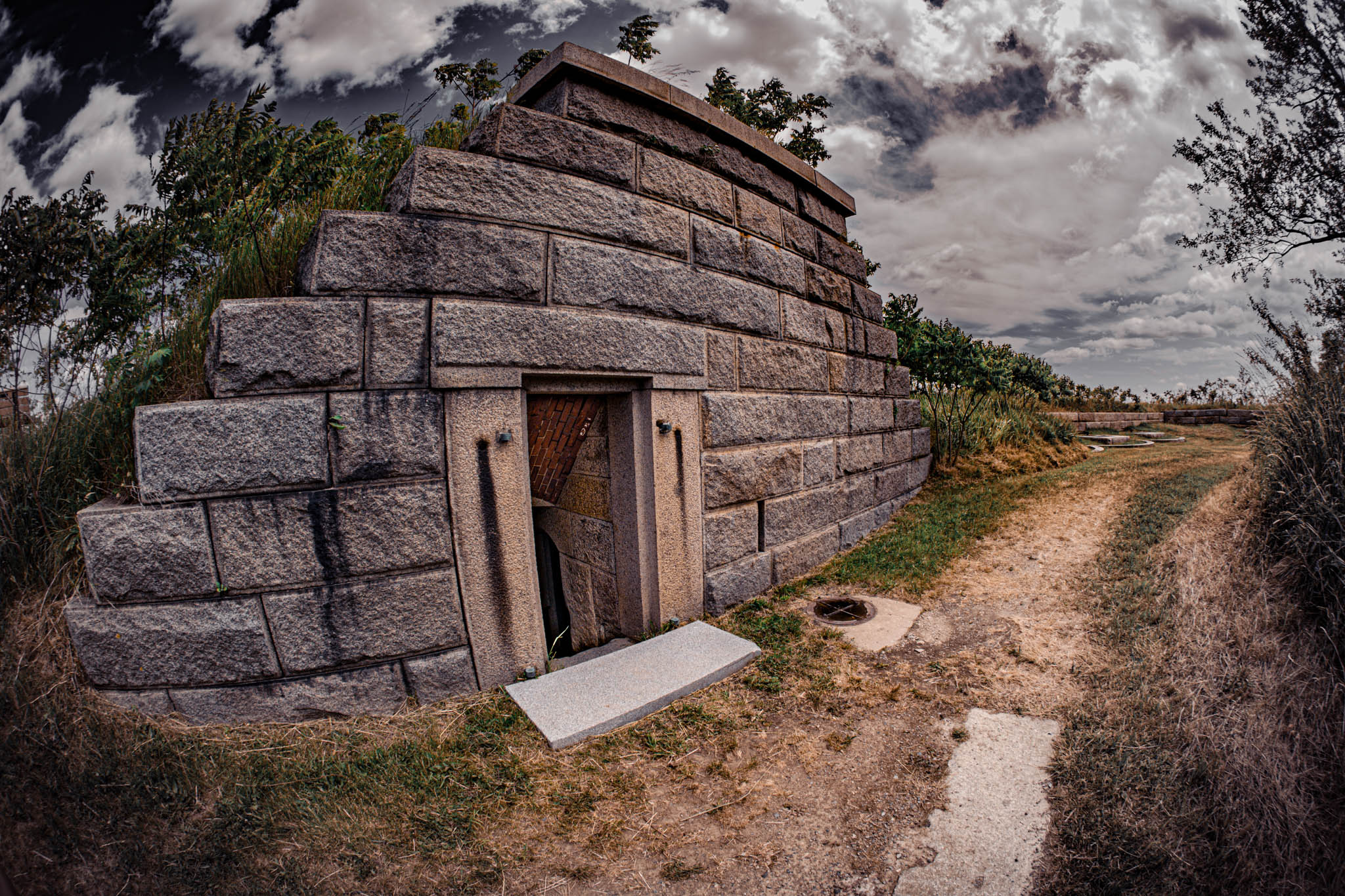 Fort Warren, Georges Island (photo June 19, 2026) searchlight emplacement in post-Civil War magazine, coverface at Bastion B.