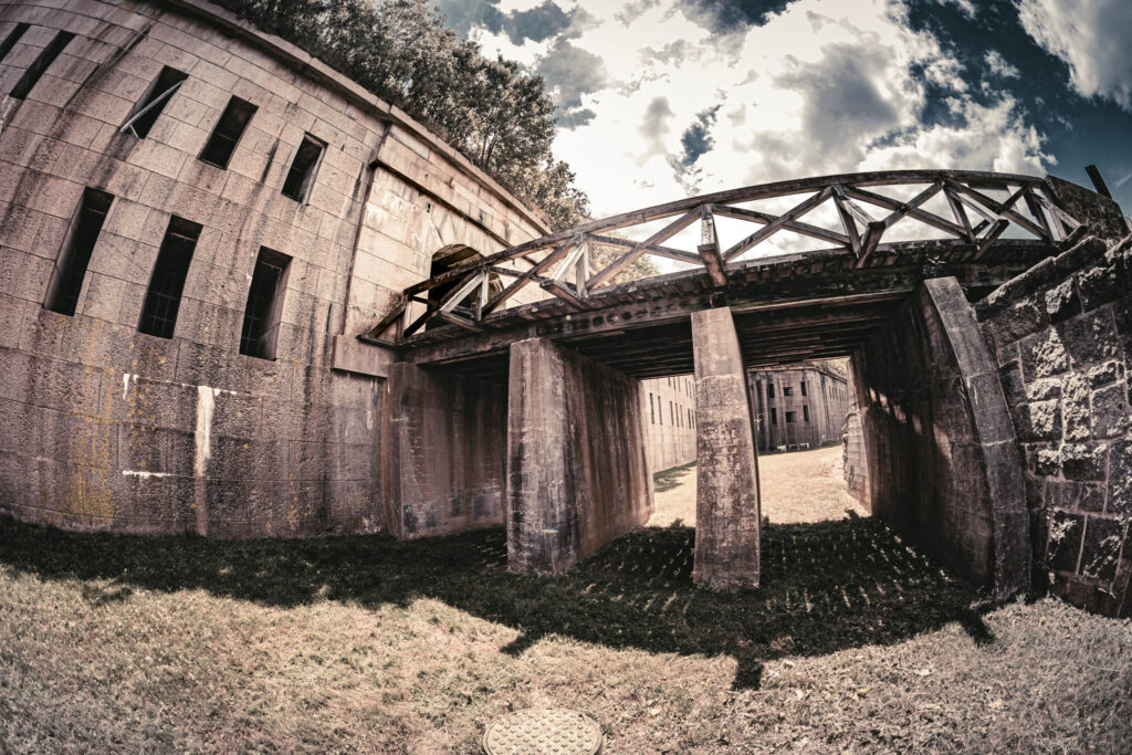 Fort Warren, Georges Island (photo June 19, 2026) view from dry ditch of Sallyport and Front III exterior wall (completed 1861, bridge early 20th C).