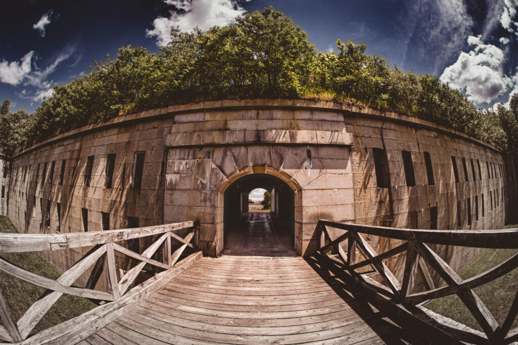 Fort Warren, Georges Island (photo June 19, 2026) bridge over dry ditch to Sallyport and Front III exterior wall (both 1861).