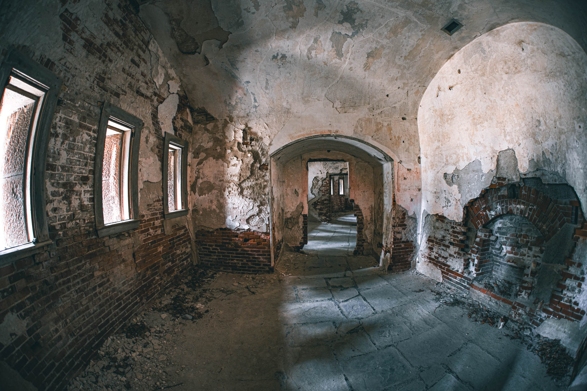 Fort Warren, Georges Island (photo June 19, 2026) interior of demilune caponiere protecting the Sallyport and Front III, 1850s.