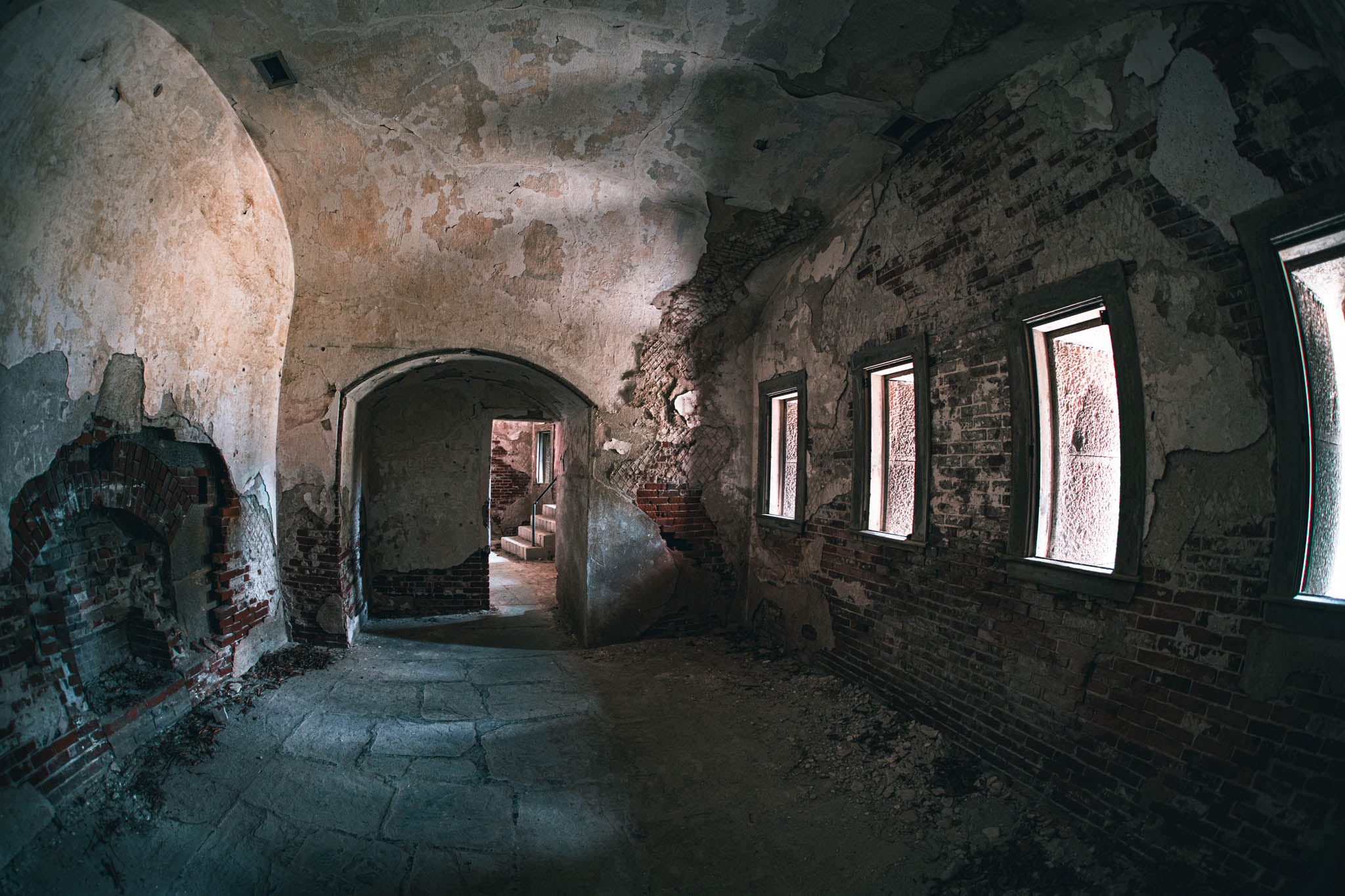 Fort Warren, Georges Island (photo June 19, 2026) interior of demilune caponiere protecting the Sallyport and Front III, 1850s.