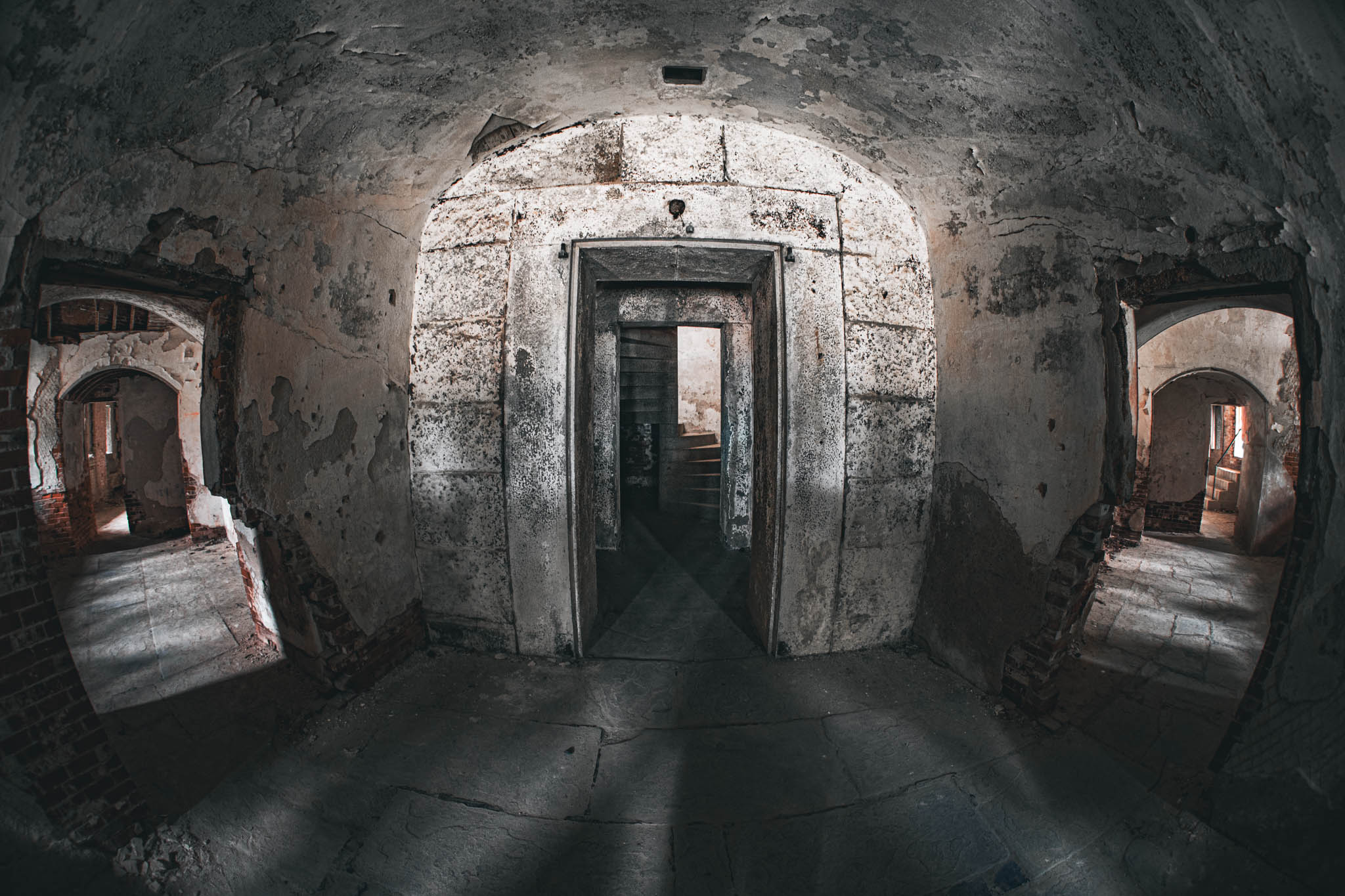 Fort Warren, Georges Island (photo June 19, 2026) interior of demilune caponiere protecting the Sallyport and Front III, 1850s.