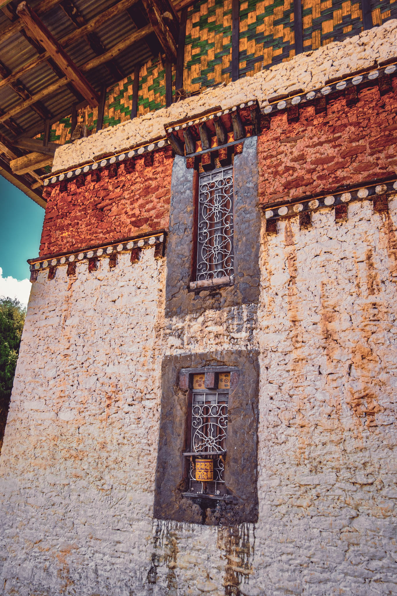 Jambay Lhakhang, Bumthang Valley, Bhutan, orig. 659 AD (photo Oct. 26, 2018) detail of Sangye Lhakhang northwest exterior