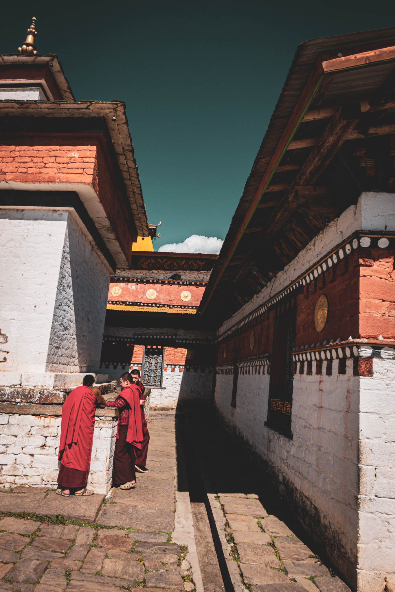 Jambay Lhakhang, Bumthang Valley, Bhutan, orig. 659 AD (photo Oct. 26, 2018) southwest chorten left), original Jampa Lhakhang (center) and Guru Lhakhang (right).