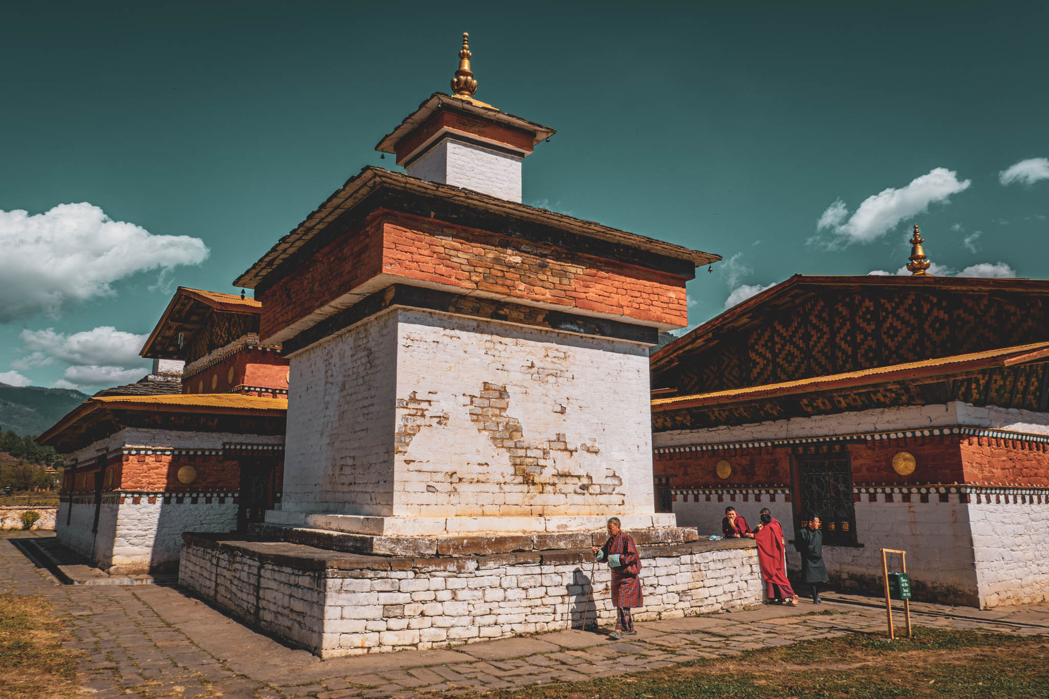 Jambay Lhakhang, Bumthang Valley, Bhutan, orig. 659 AD (photo Oct. 26, 2018) southwest chorten, original Jampa Lhakhang beyond (left) and Guru Lhakhang (right).