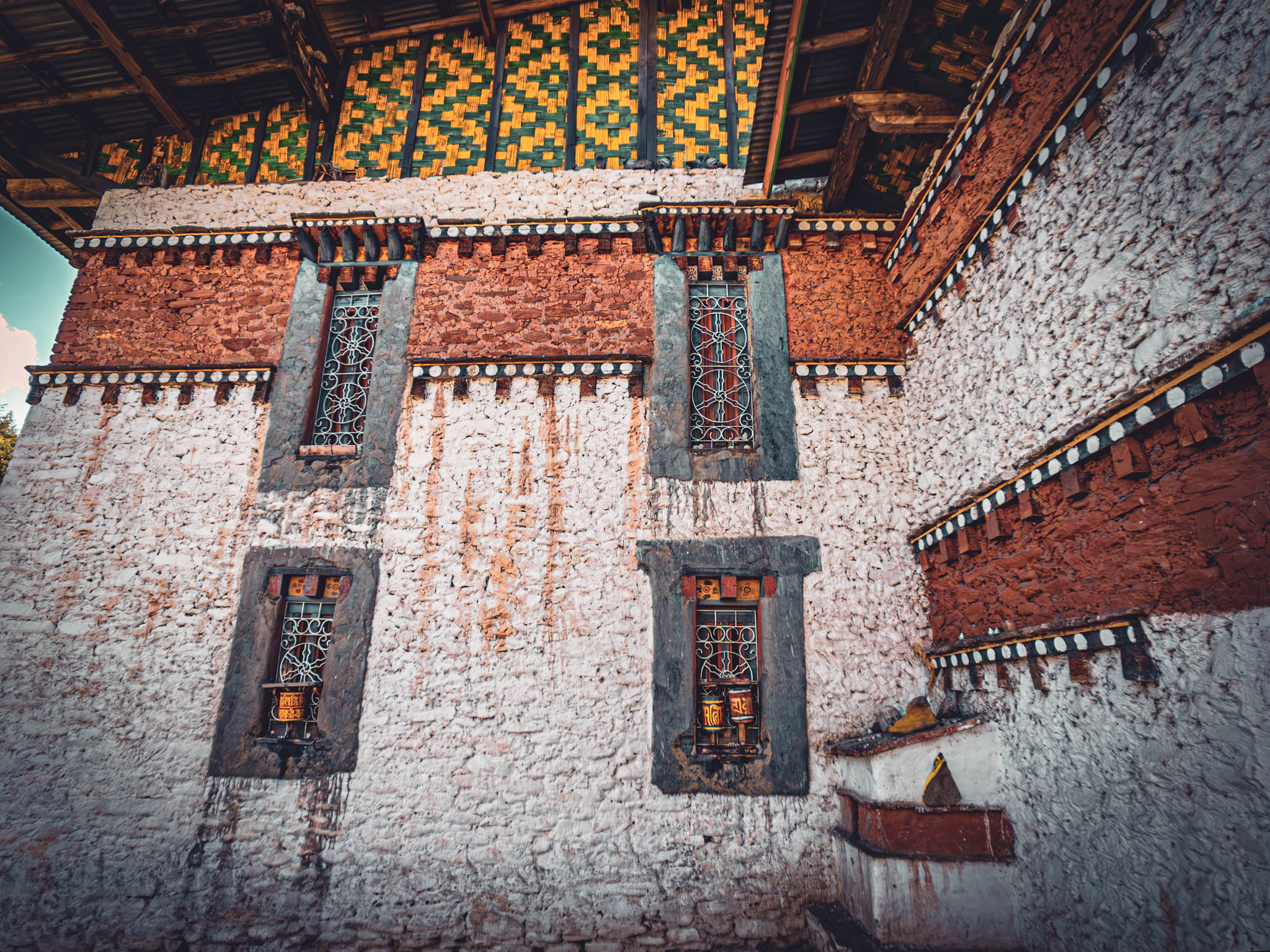 Jambay Lhakhang, Bumthang Valley, Bhutan, orig. 659 AD (photo Oct. 26, 2018) Sangye Lhahkang side facade and "flying roof".