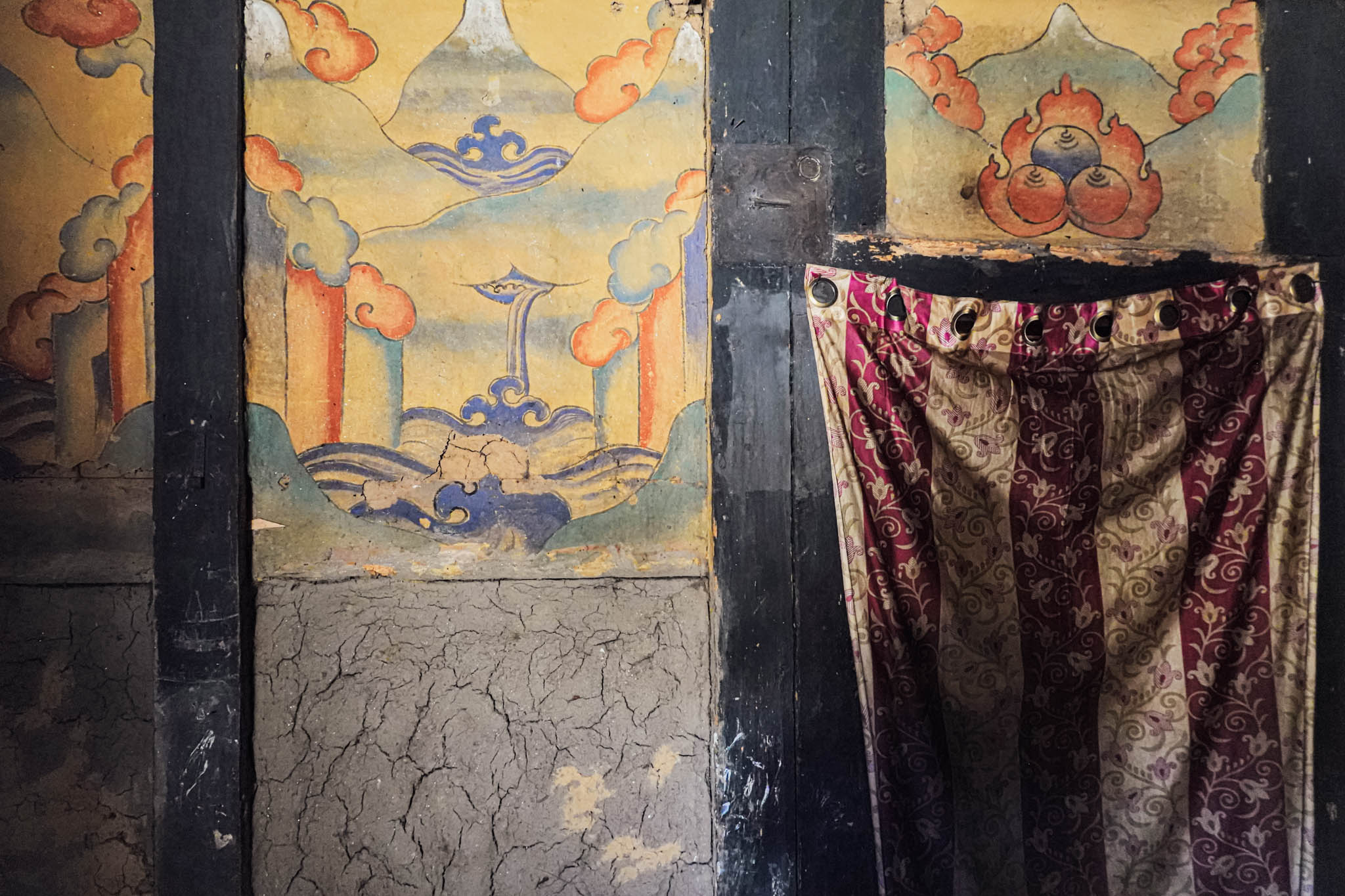 Jambay Lhakhang, Bumthang Valley, Bhutan, orig. 659 AD (photo Oct. 26, 2018) murals in ambulatory, original Jampa Lhakhang.