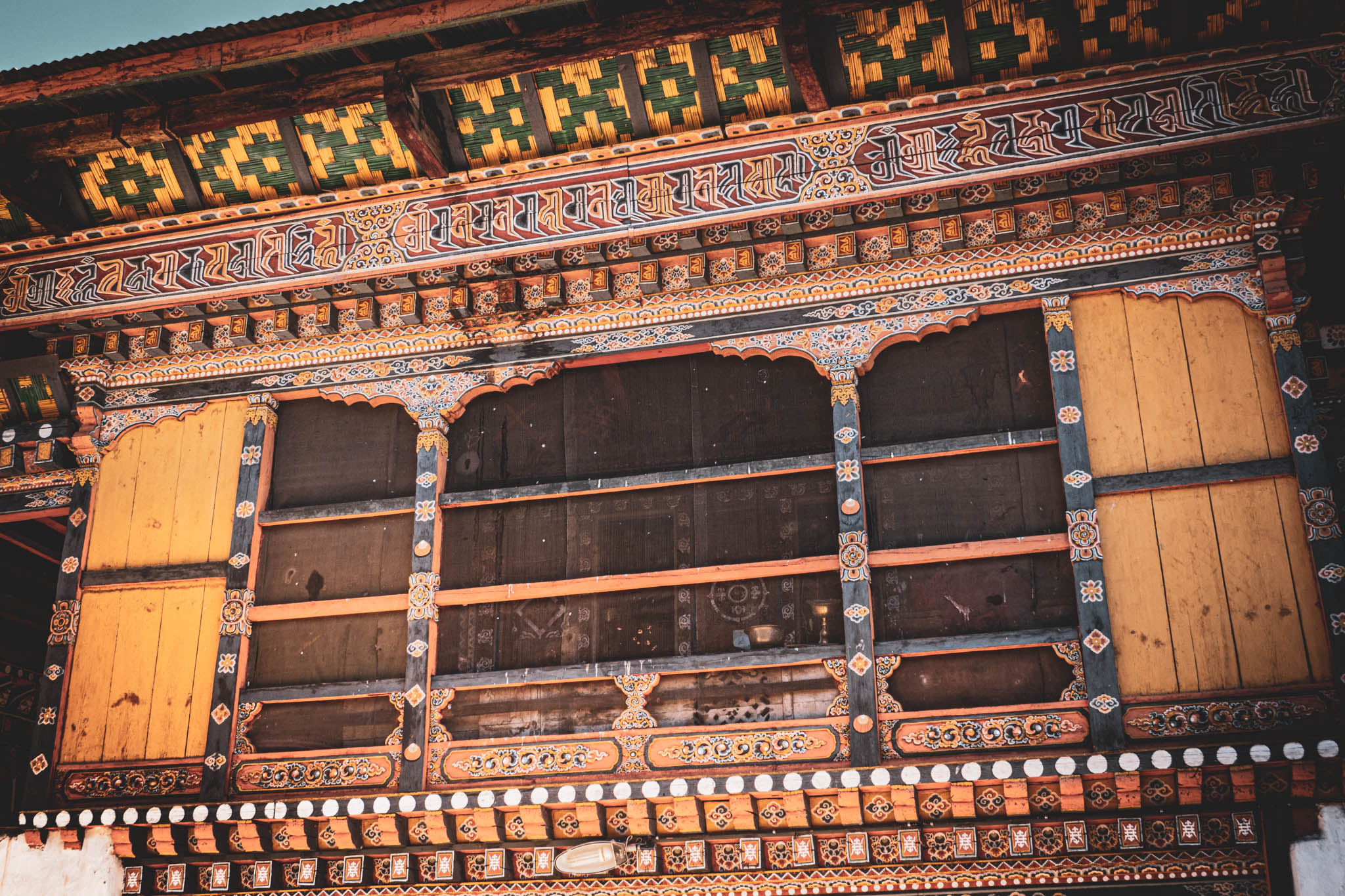 Jambay Lhakhang, Bumthang Valley, Bhutan, orig. 659 AD (photo Oct. 26, 2018) balcony of Sangye Lhakhang.