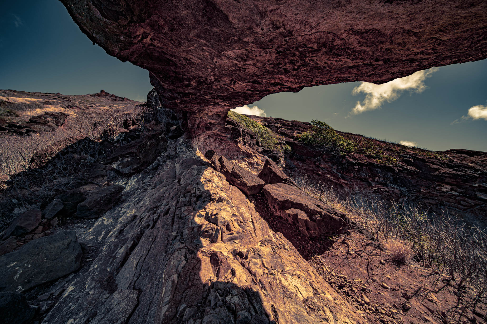 Koko Crater Arch, above Kalanianaʻole Highway, Oahu Island (photo 17 August 2021), view from under arch uphill towards crater rim.